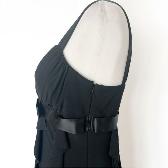 Cache Black Ruffle Cocktail Dress Ruched Sweetheart Satin Jewel Waist Accent 10 - Picture 4 of 12